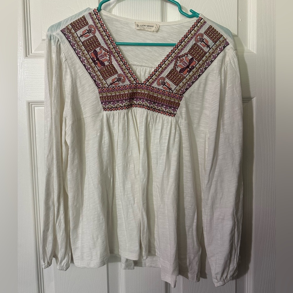 Lucky Brand Cream Embroidered Long Sleeve Blouse